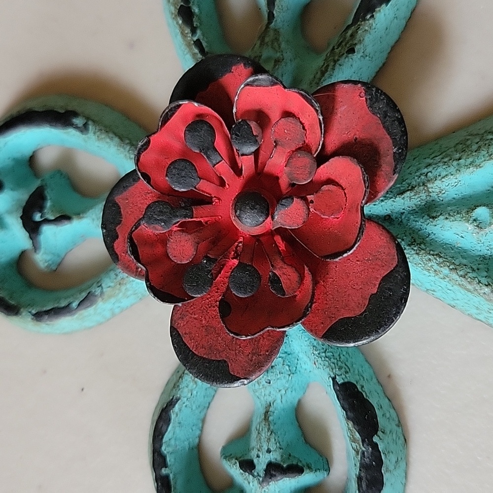 Cast Iron Cross with Red Flower In Center- Blue Patina - Picture 2 of 4